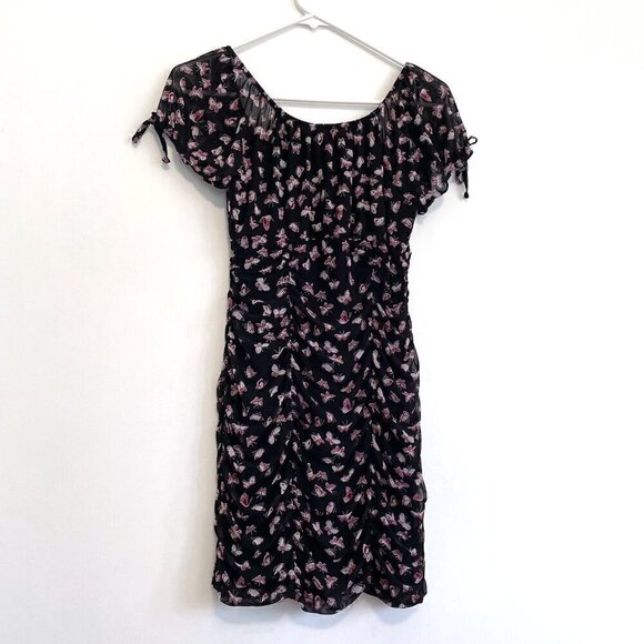 ULTRA FLIRT Black Burgundy Butterfly Print Mesh Tie Neck Y2K Ruched Mini Dress M - Picture 13 of 15